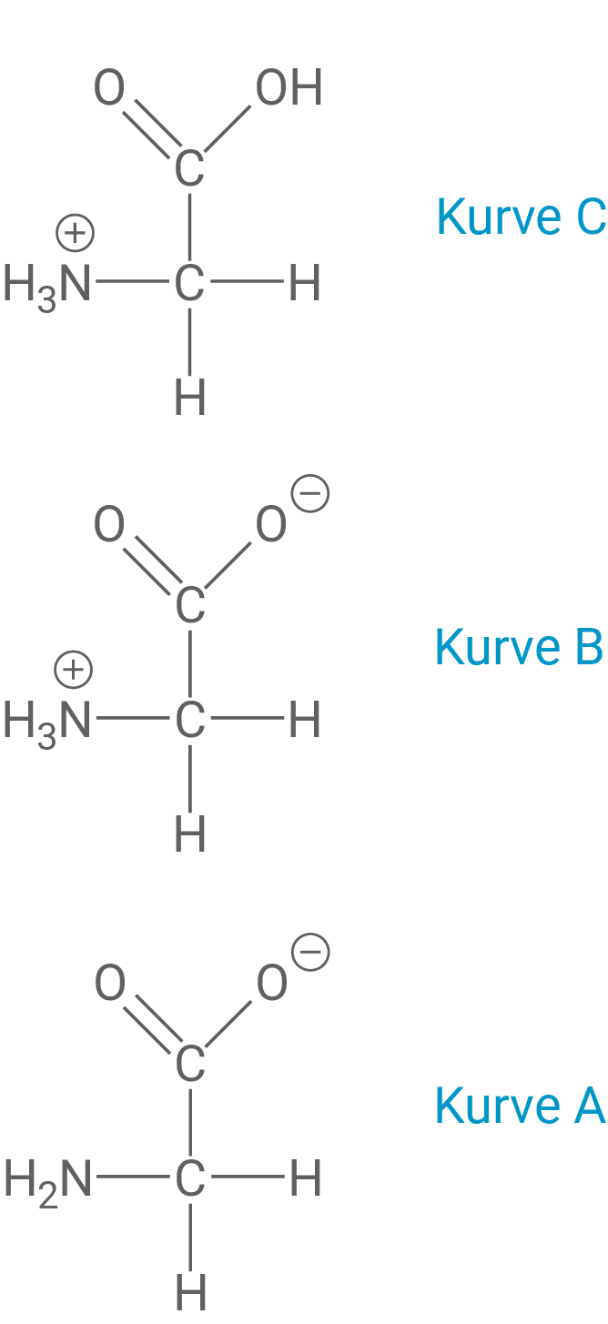 Drei Strukturformeln einer Aminosäure in verschiedenen Ladungszuständen, beschriftet mit Kurve C, B und A.